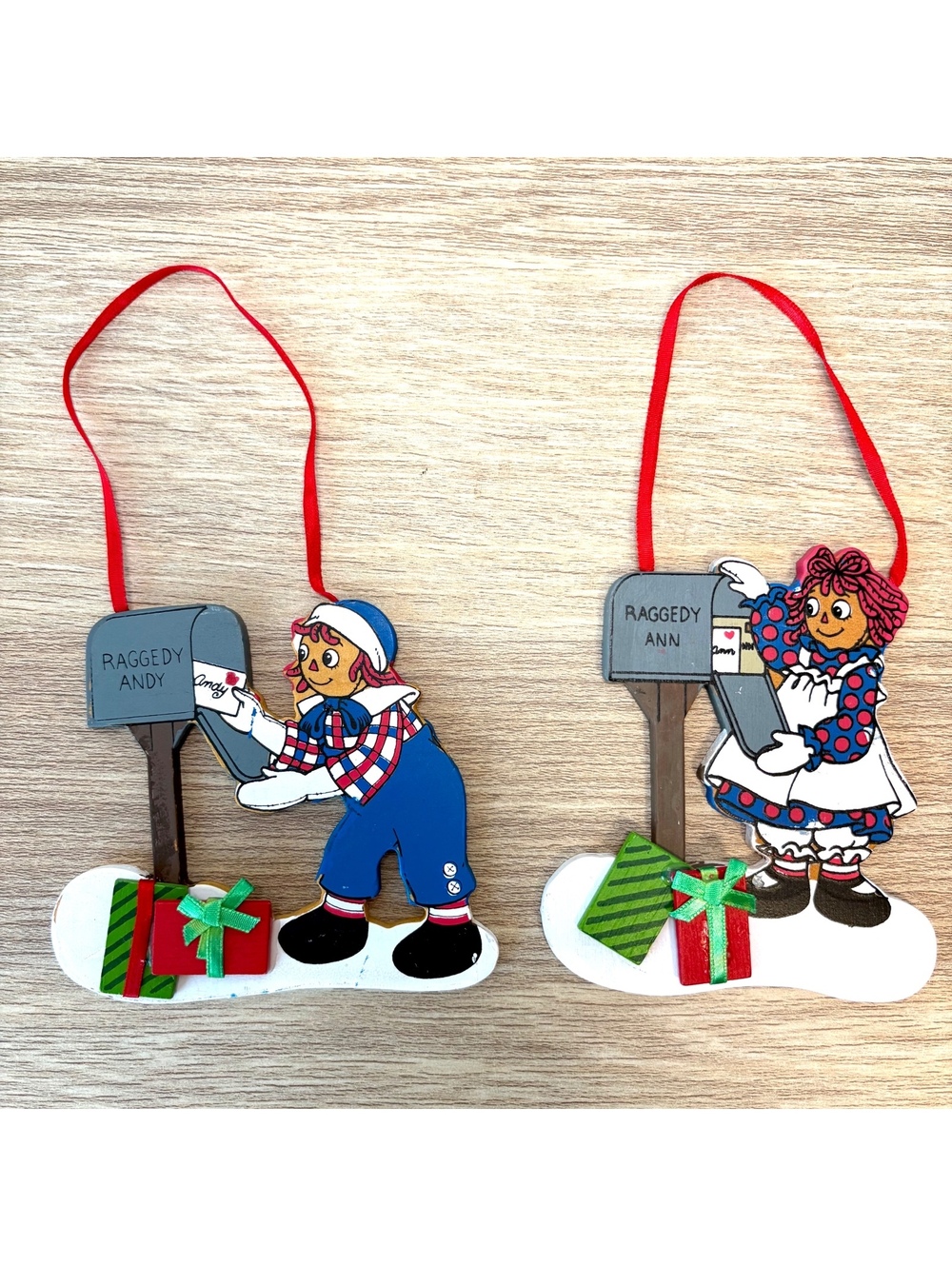 1990 Raggedy Ann & Andy Wooden Christmas Ornaments Kurt Adler Pair Mailbox